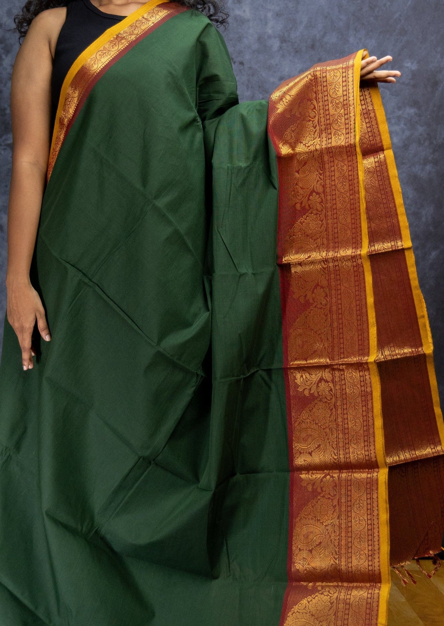 Forest Green and Maroon Big Border Chettinadu Cotton Saree