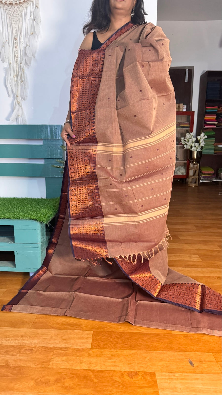 Dark Beige Big Border Chettinadu Saree