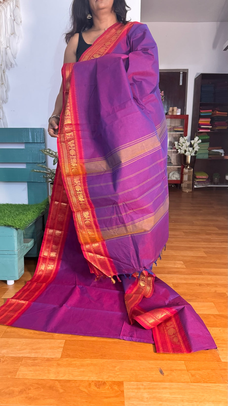 Dark Purple with Red border Chettinadu Saree