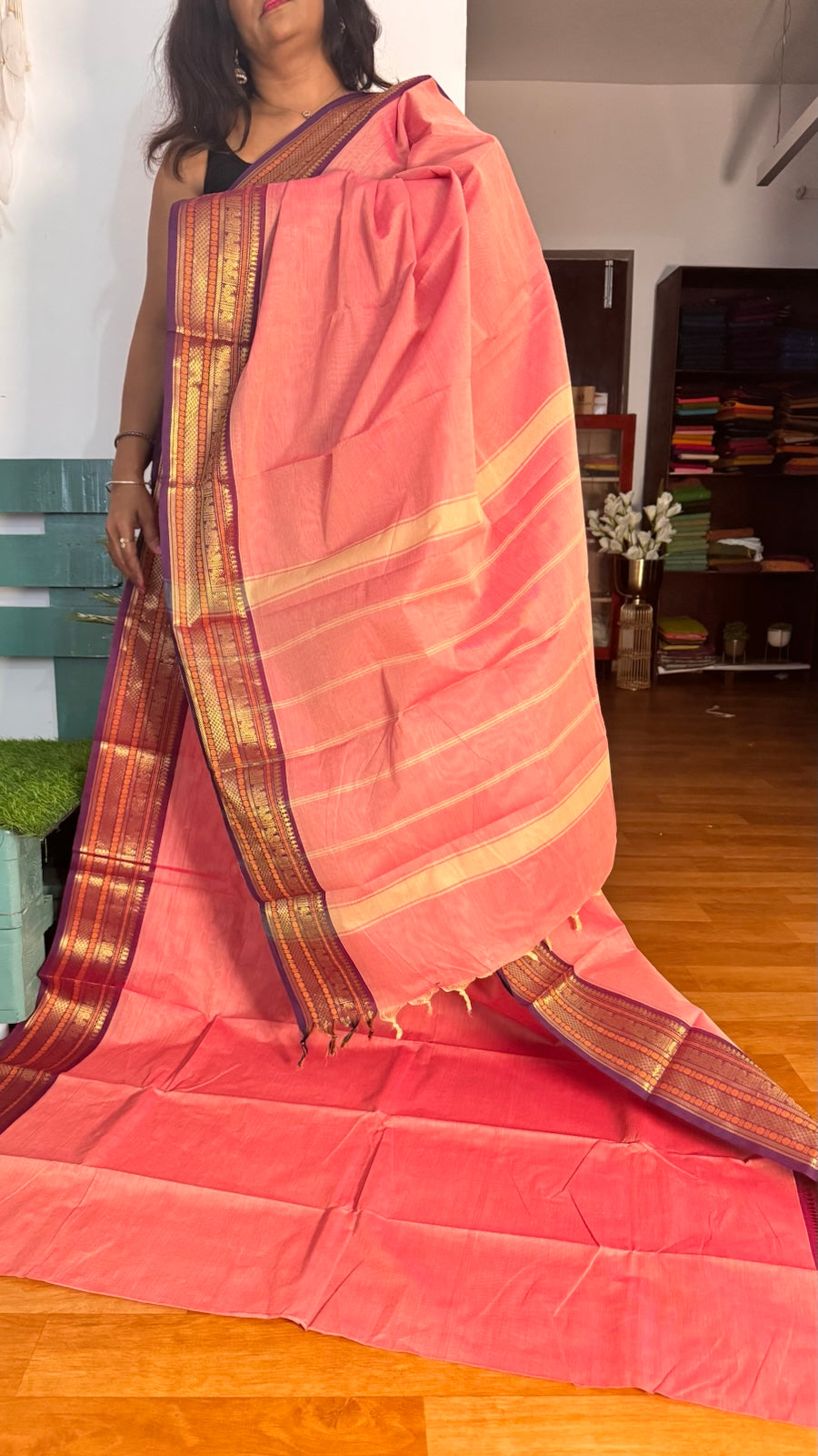 Salmon with Purple colour border Chettnadu Saree