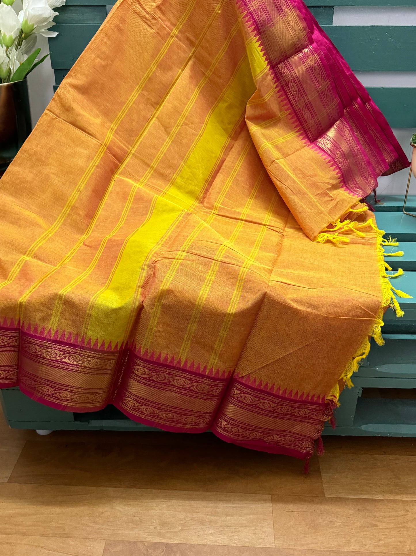 Yellow and Pink Big Border Chettinadu Cotton Saree