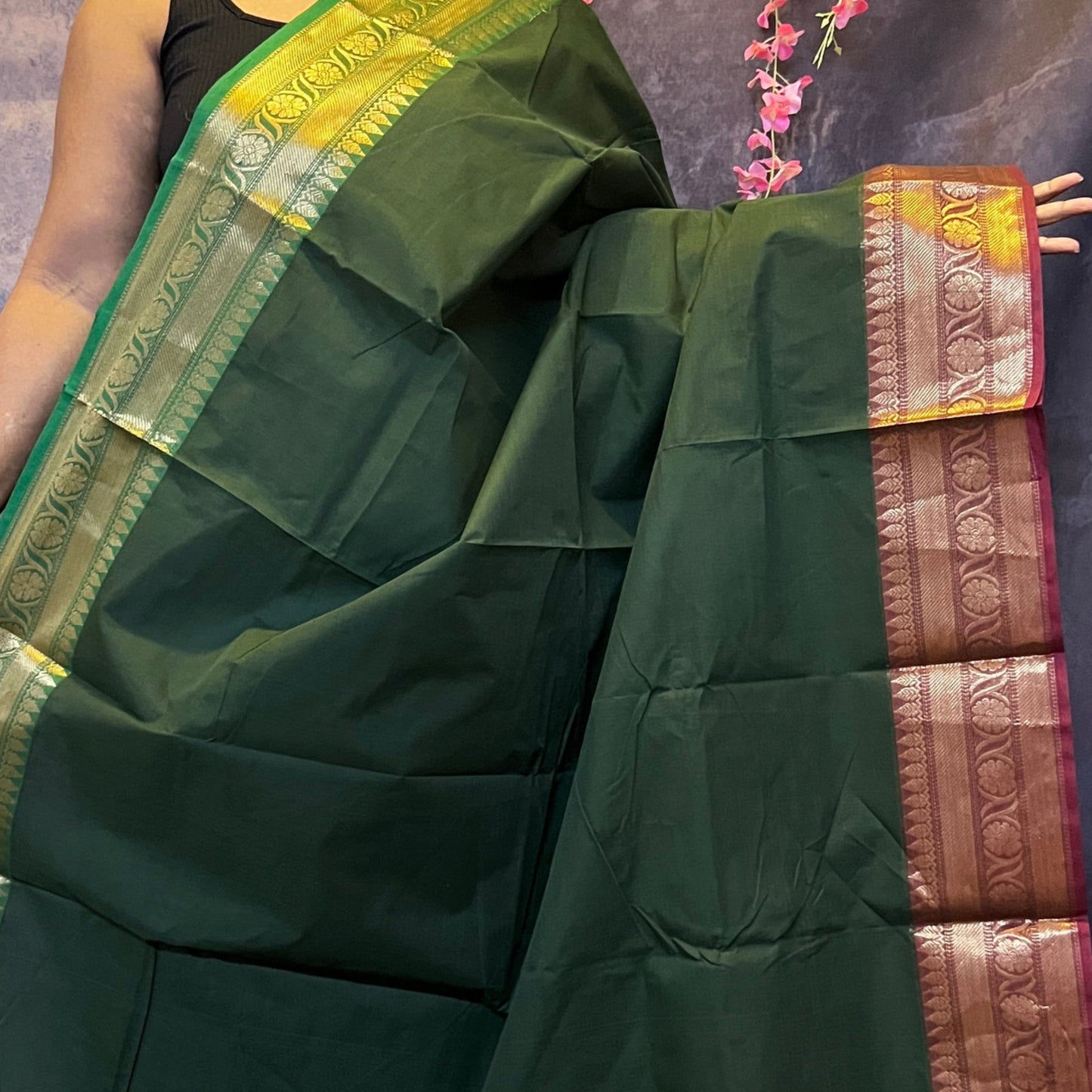 Forest Green Ganga Jamuna Chettinadu Cotton Saree