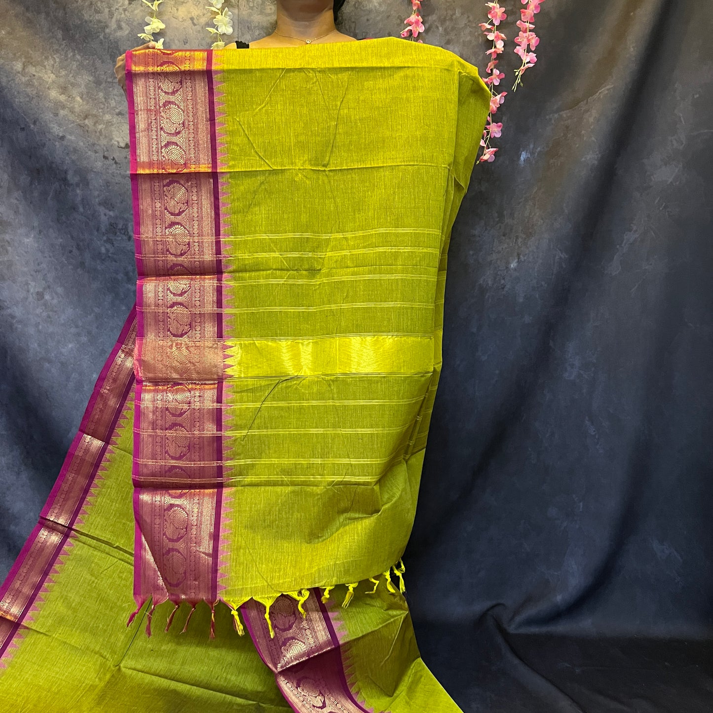 Parrot Green Big Border Chettinadu Cotton Saree