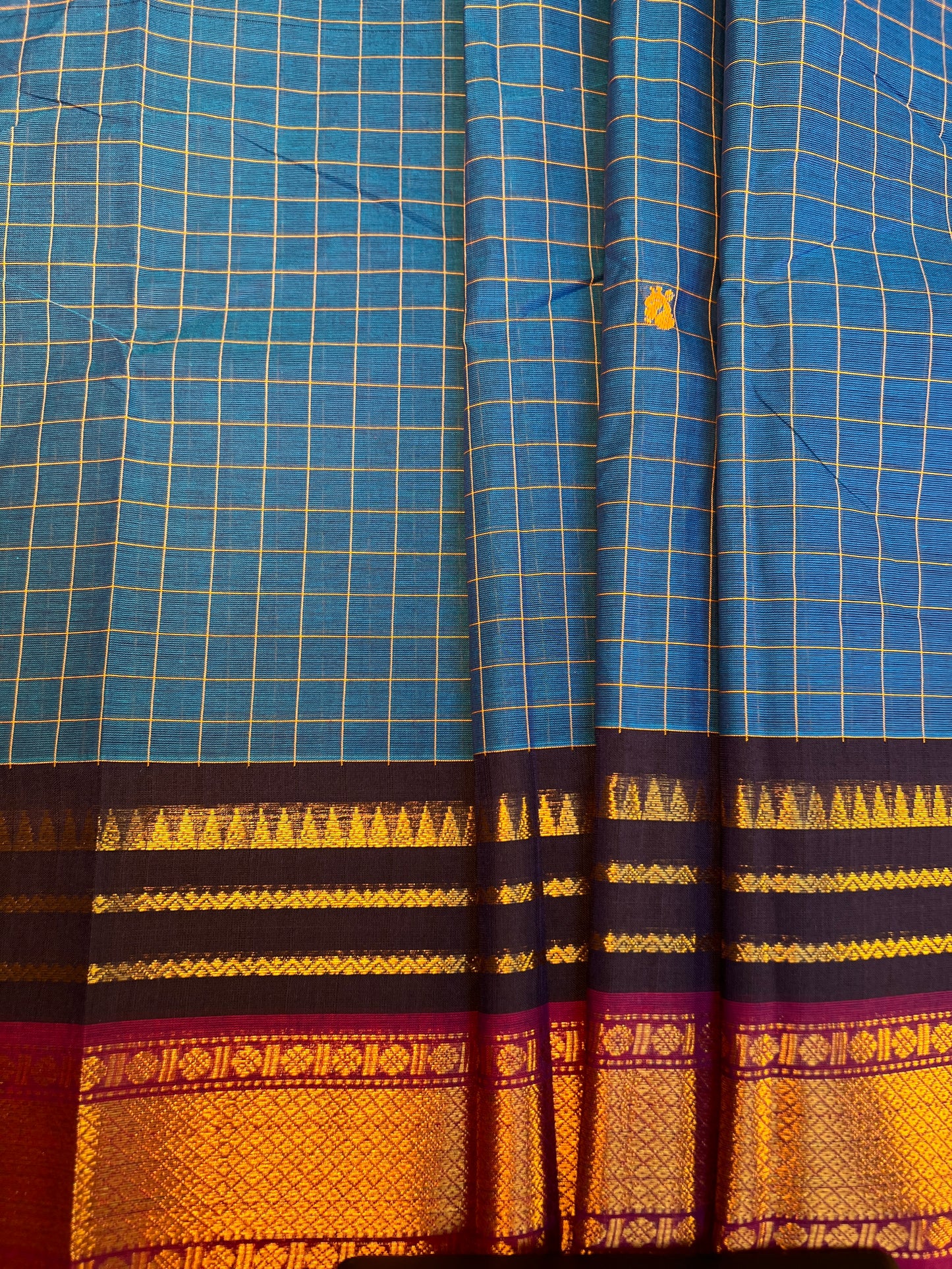 Blue Checked Double Border Chettinadu Saree