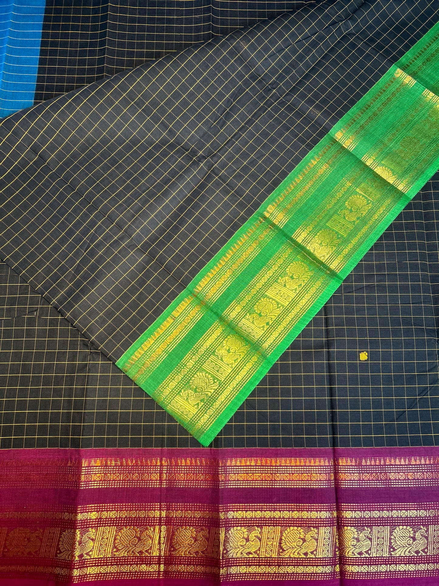 Navy Blue Checked Ganga Jamuna Chettinadu Saree