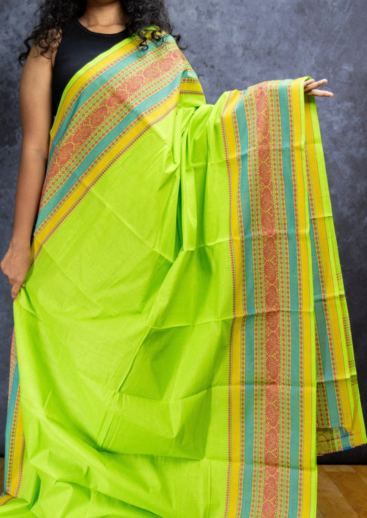 Neon Green Big Border Chettinadu Cotton Saree