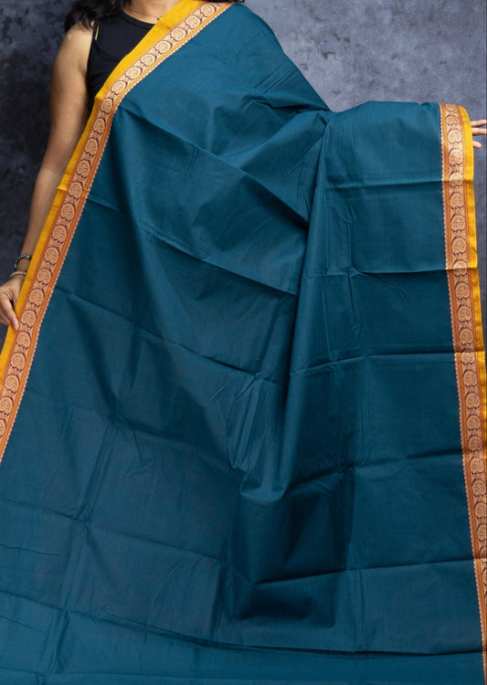 Peacock Blue Small Thread Border Chettinadu Cotton Saree