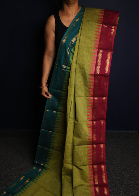 Green Retta Petta Ganga Jamuna Chettinadu Cotton Saree