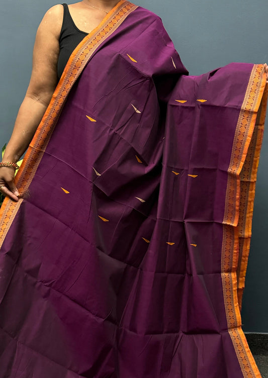 Violet and Mustard Small Border Chettinadu Cotton Saree