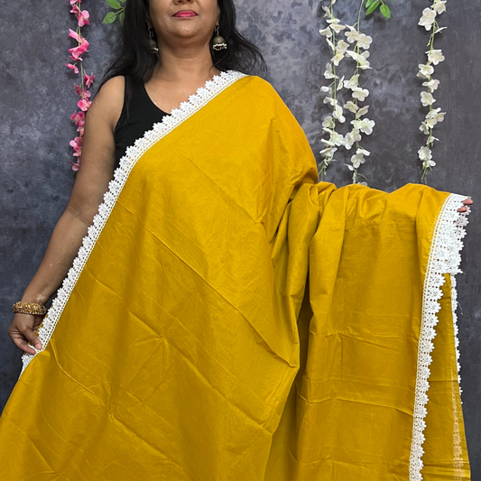 Mustard chettinadu cotton saree with lace detailing