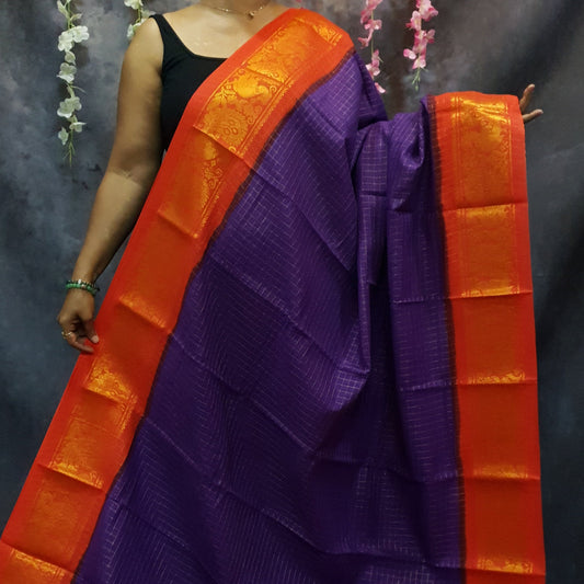 Violet checked Sungudi Cotton Saree