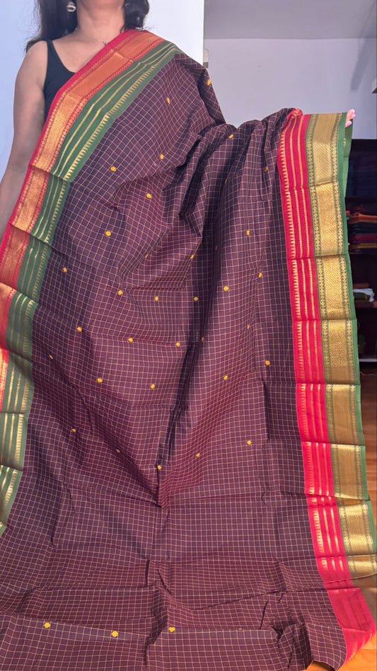 Coffee Brown checked Double Border Chettindu Saree