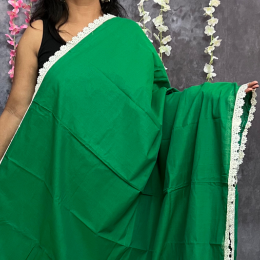 Green chettinadu cotton saree with lace detailing