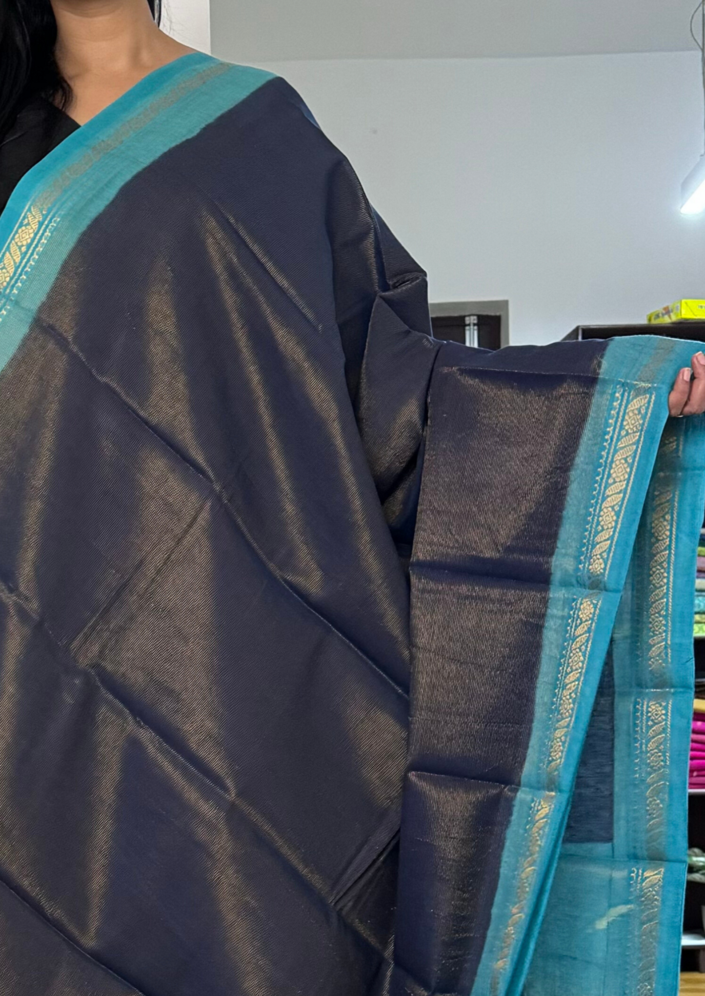 Navy Blue and Sky Blue Vairaoosi Cotton Saree