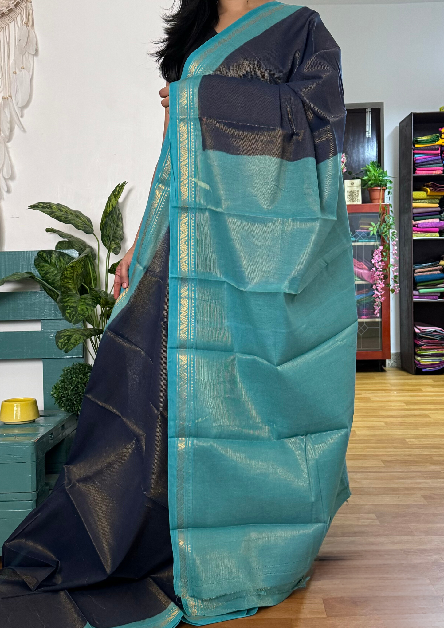 Navy Blue and Sky Blue Vairaoosi Cotton Saree