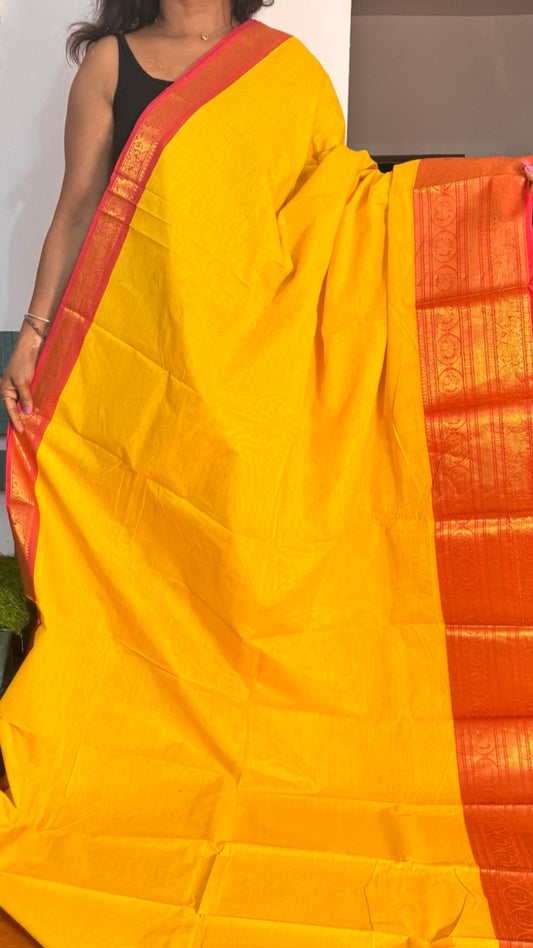 Yellow wiith Red BigBorder Chettinadu Saree