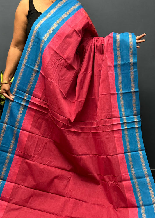 Red Retta Petta Korvai Chettinadu Cotton Saree