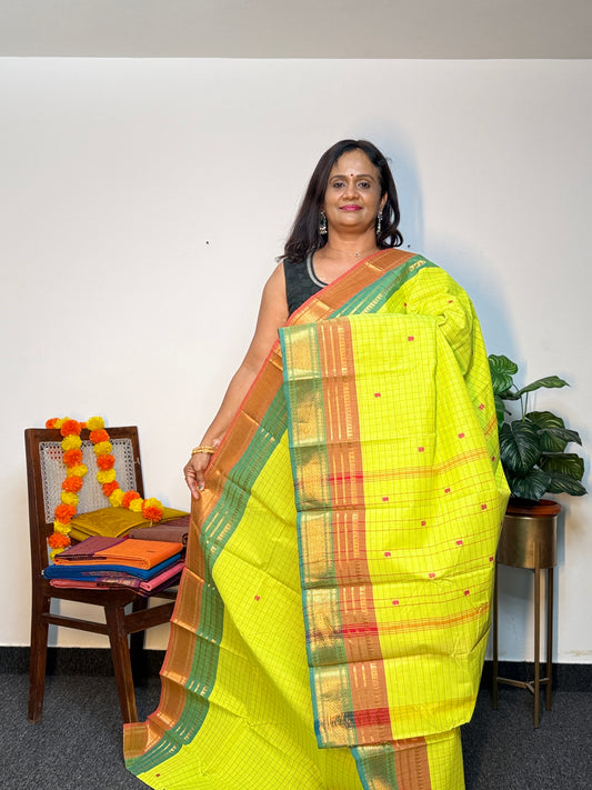 Lime Green Checked Double Border Saree