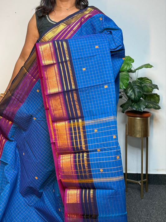 Blue Checked Double Border Chettinadu Saree