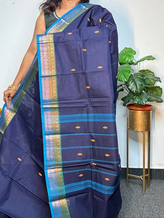 NavyBlue with double border chettinadu saree