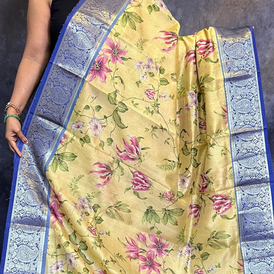 Yellow Printed Kalamkari Silk Saree