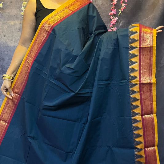 Peacock Blue Thazhamboo Chettinadu Cotton Saree