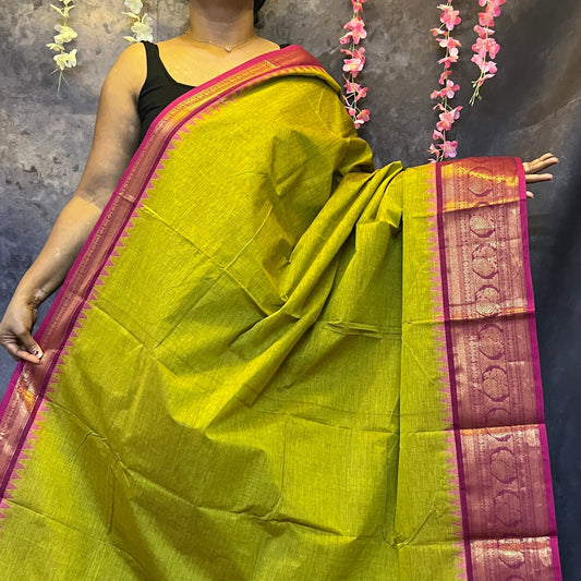 Parrot Green Big Border  Chettinadu Cotton Saree
