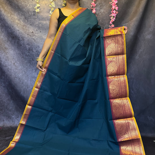 Peacock Blue Big Border Chettinadu Cotton Saree