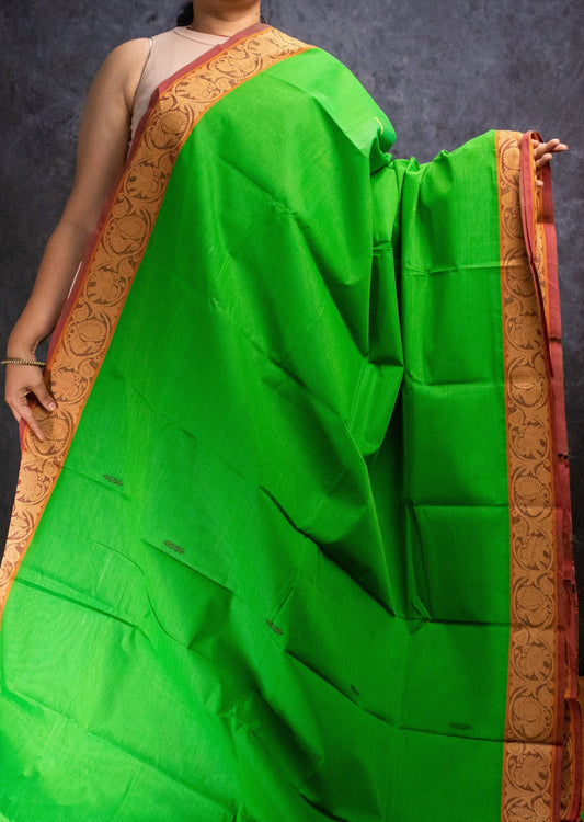 Parrot Green Elephant and Peacock Border Chettinadu Cotton Saree