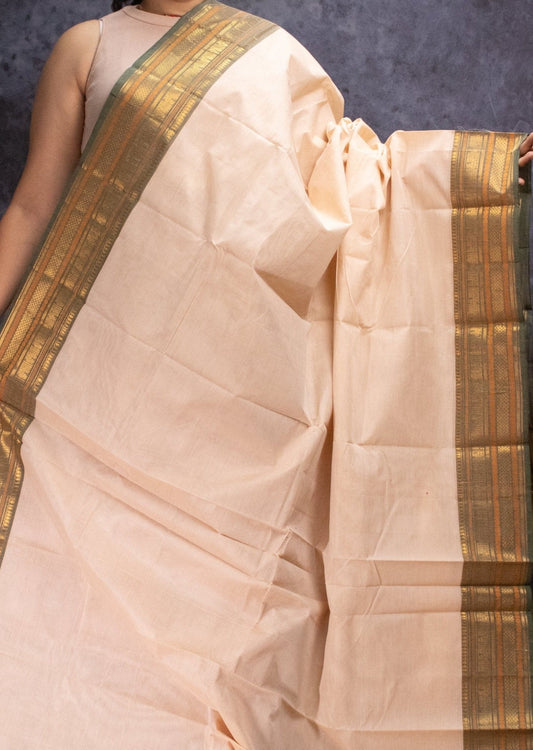 Offwhite and Green Chettinadu Cotton Saree