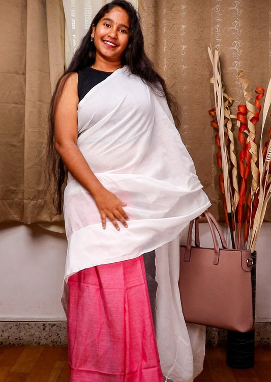 White and Pink Cloud Cotton Saree