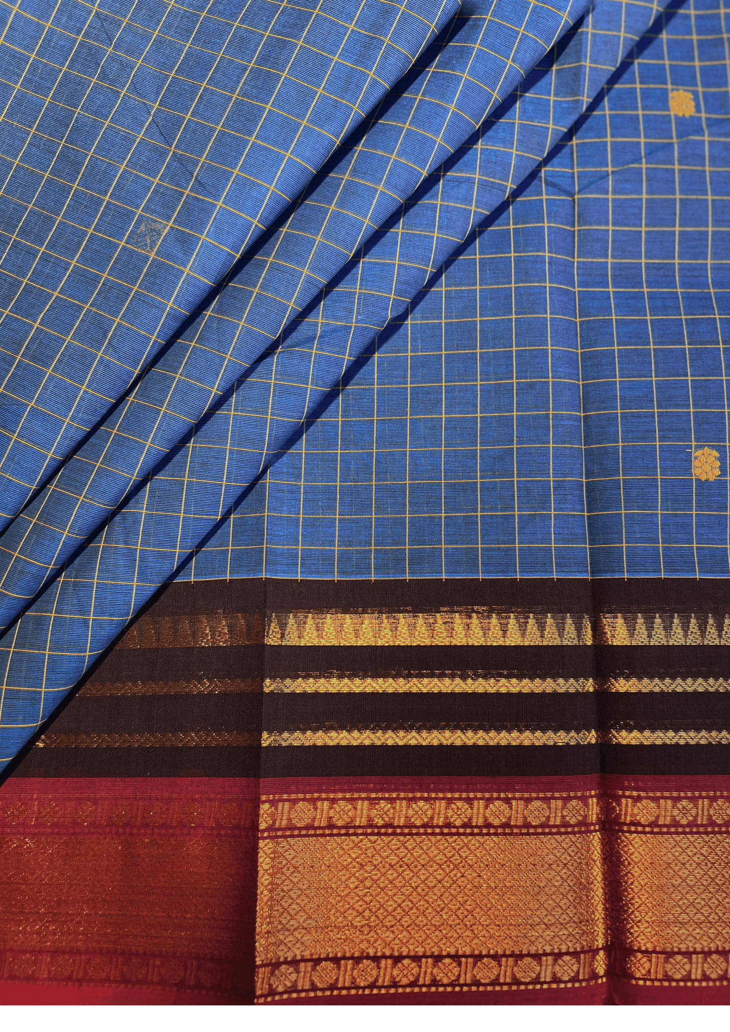 Blue Checked Double Border Chettinadu Saree